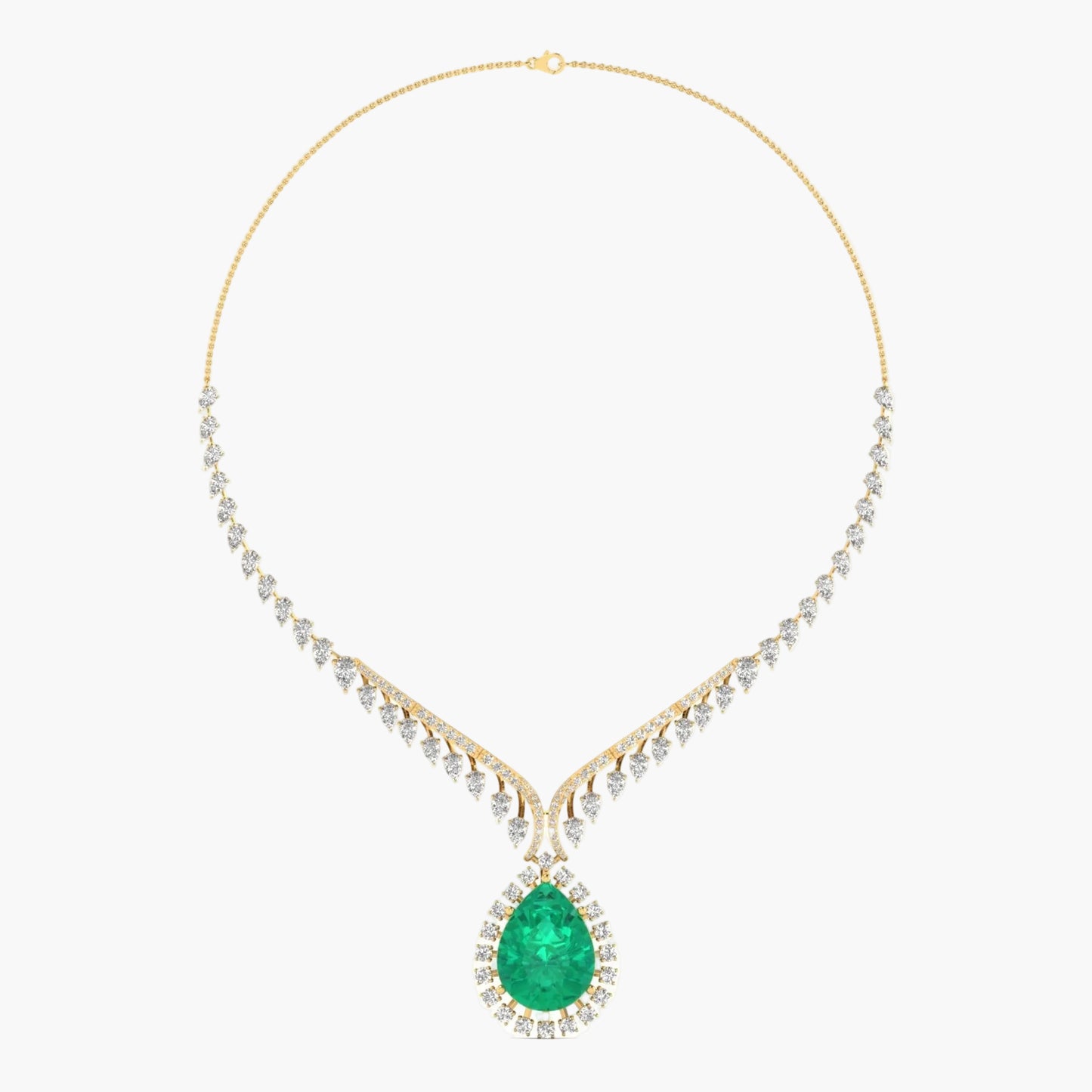 Gold necklace with a green gemstone on a white background, branded 'Green Lab'.