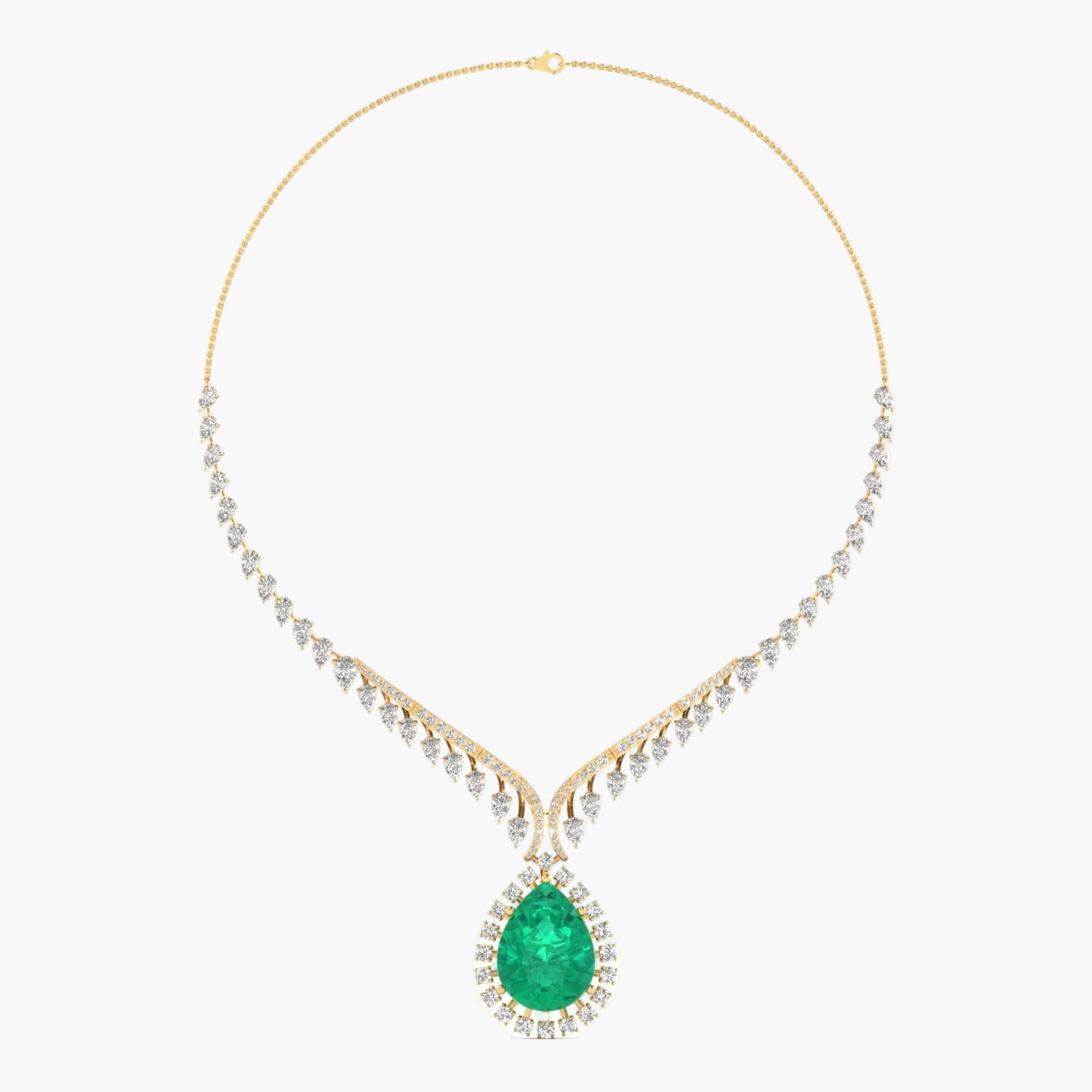 Gold necklace with a green gemstone on a white background, branded 'Green Lab'.