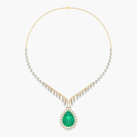 Gold necklace with a green gemstone on a white background, branded 'Green Lab'.
