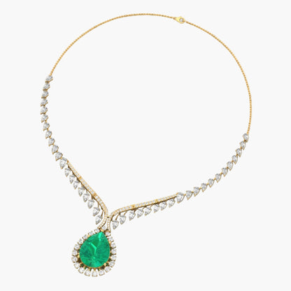Gold necklace with a green gemstone pendant on a white background, branded 'Green Lab'.