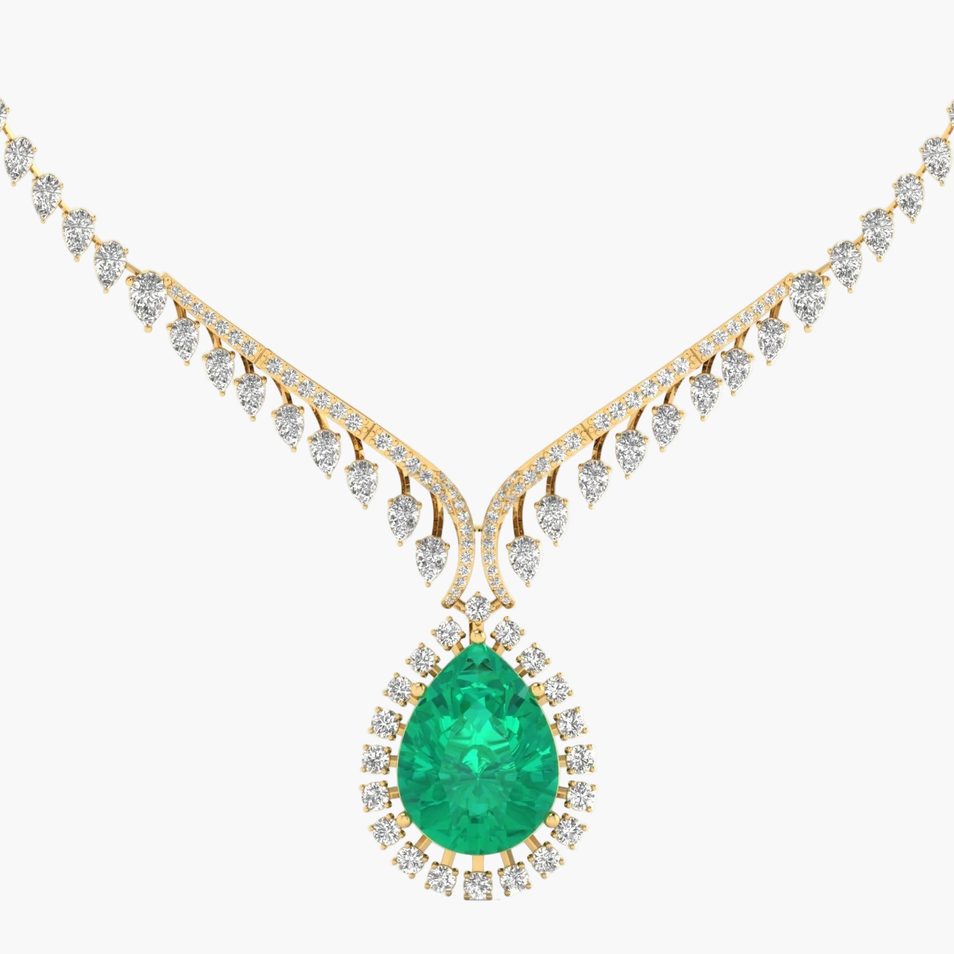 Gold necklace with a green emerald pendant on a white background