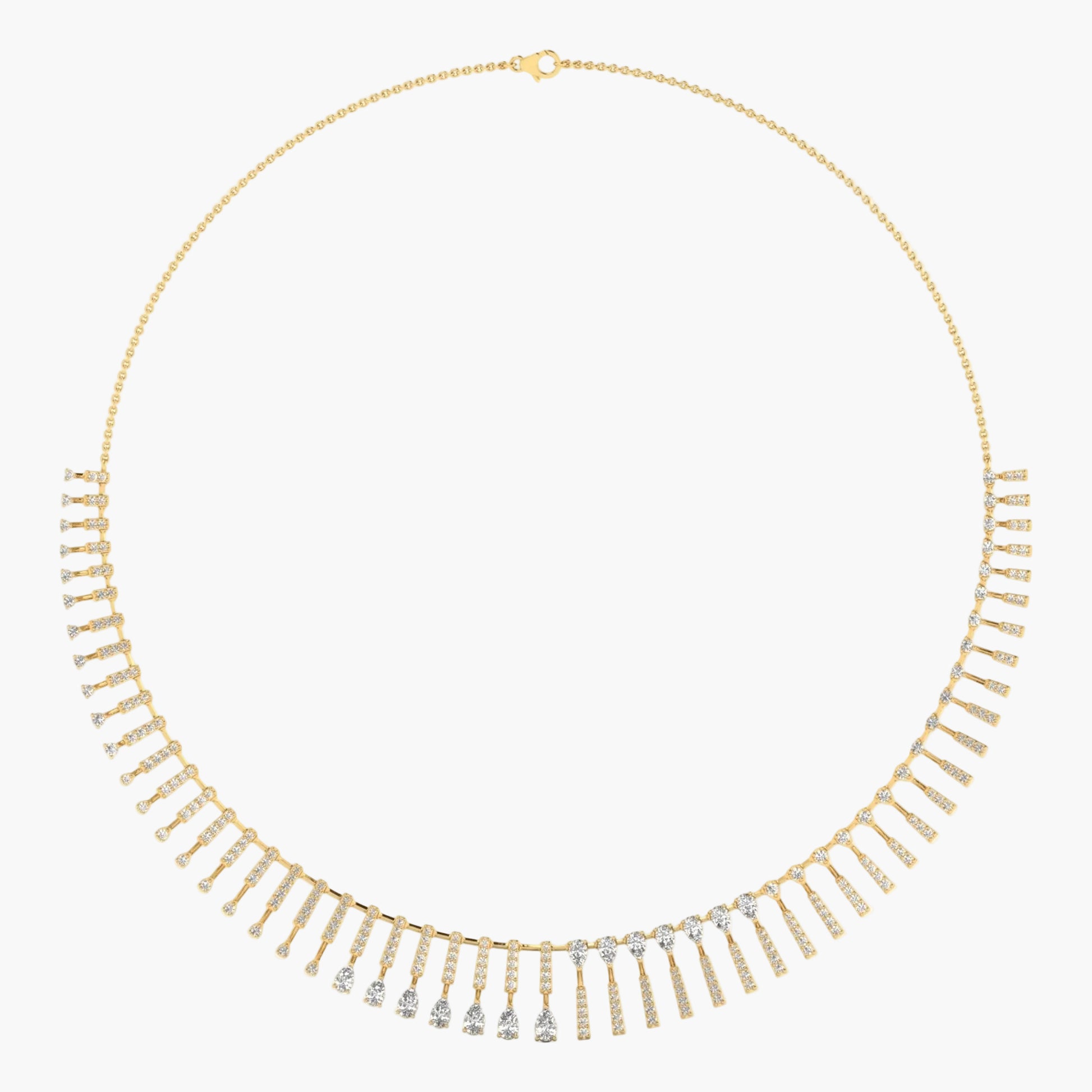 Gold necklace with fringe design on a white background, branded 'Green Lab'.