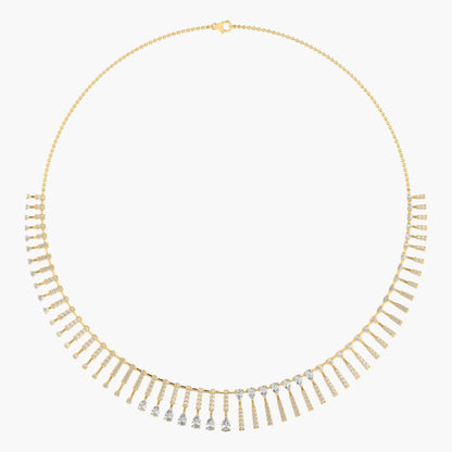 Gold necklace with fringe design on a white background, branded 'Green Lab'.