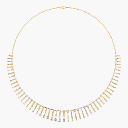 Gold necklace with fringe design on a white background, branded 'Green Lab'.