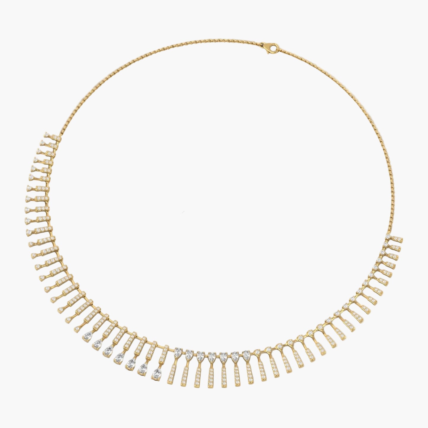Gold necklace with white stones on a white background, branded 'Green Lab'.