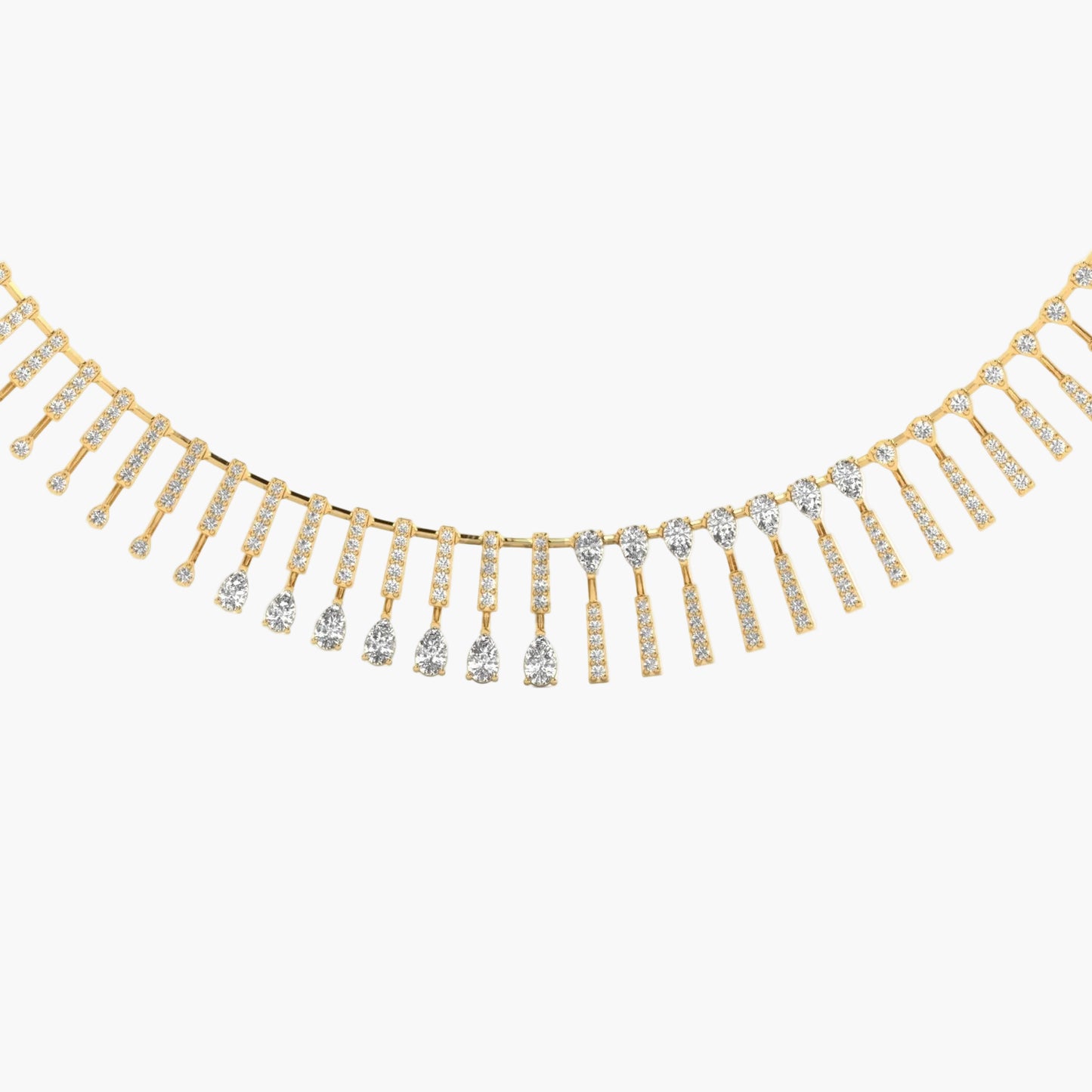 Gold necklace with diamond fringe on a white background