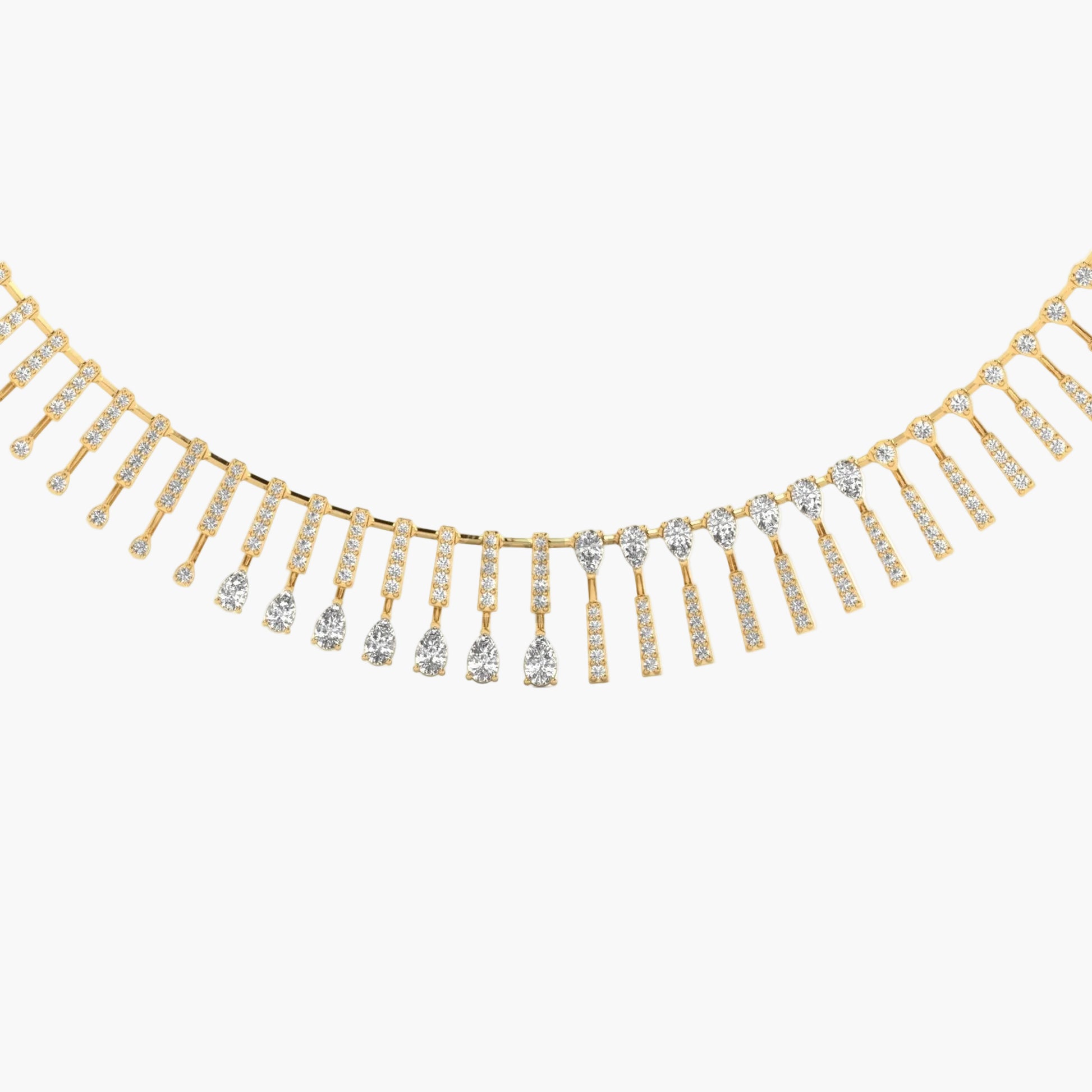 Gold necklace with diamond fringe on a white background