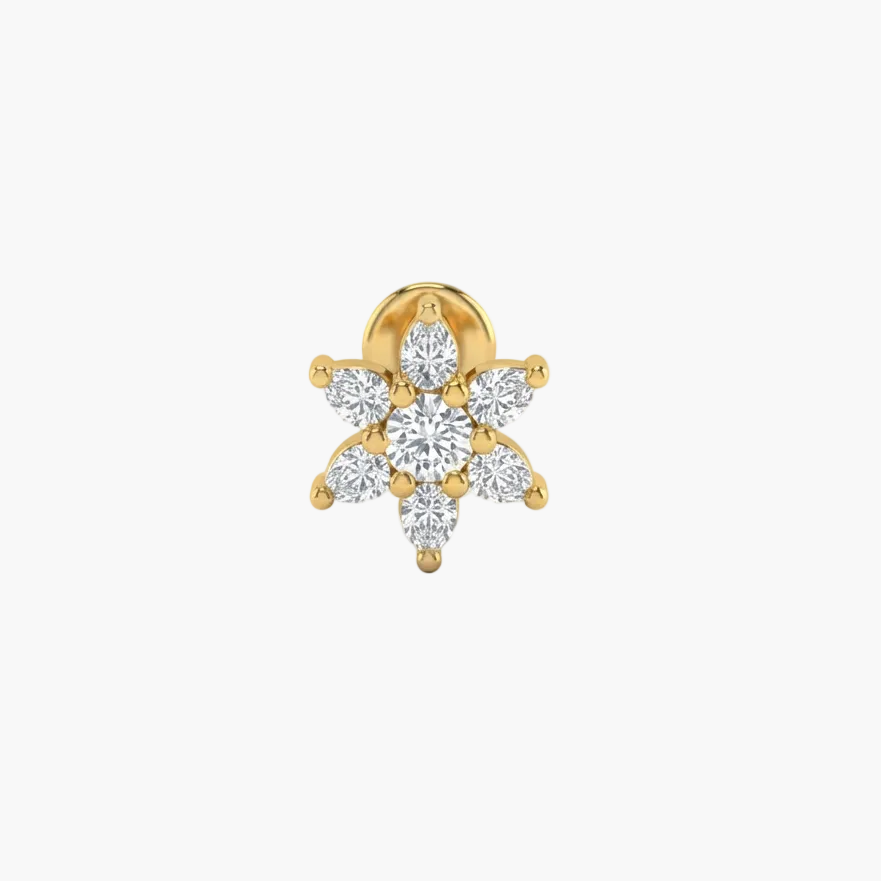 A yellow gold snowflake stud earring set with clear round-cut and marquise-cut diamonds, shown on a clean white background.