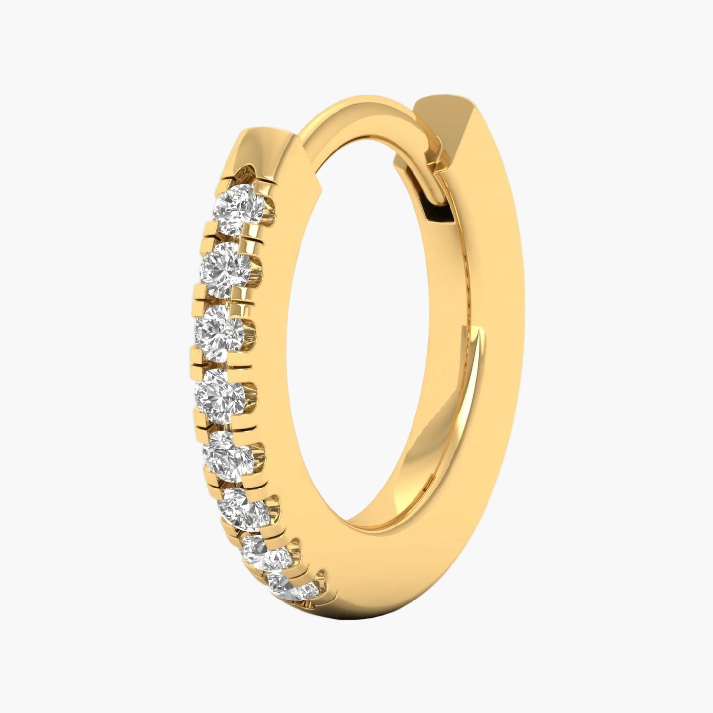 Gold hoop earring with diamonds on a white background, branded 'Green Lab'.