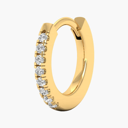 Gold hoop earring with diamonds on a white background, branded 'Green Lab'.