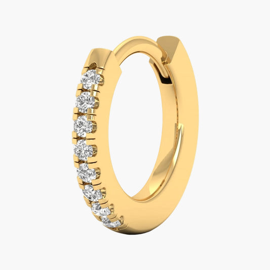 Gold hoop earring with diamonds on a white background, branded 'Green Lab'.