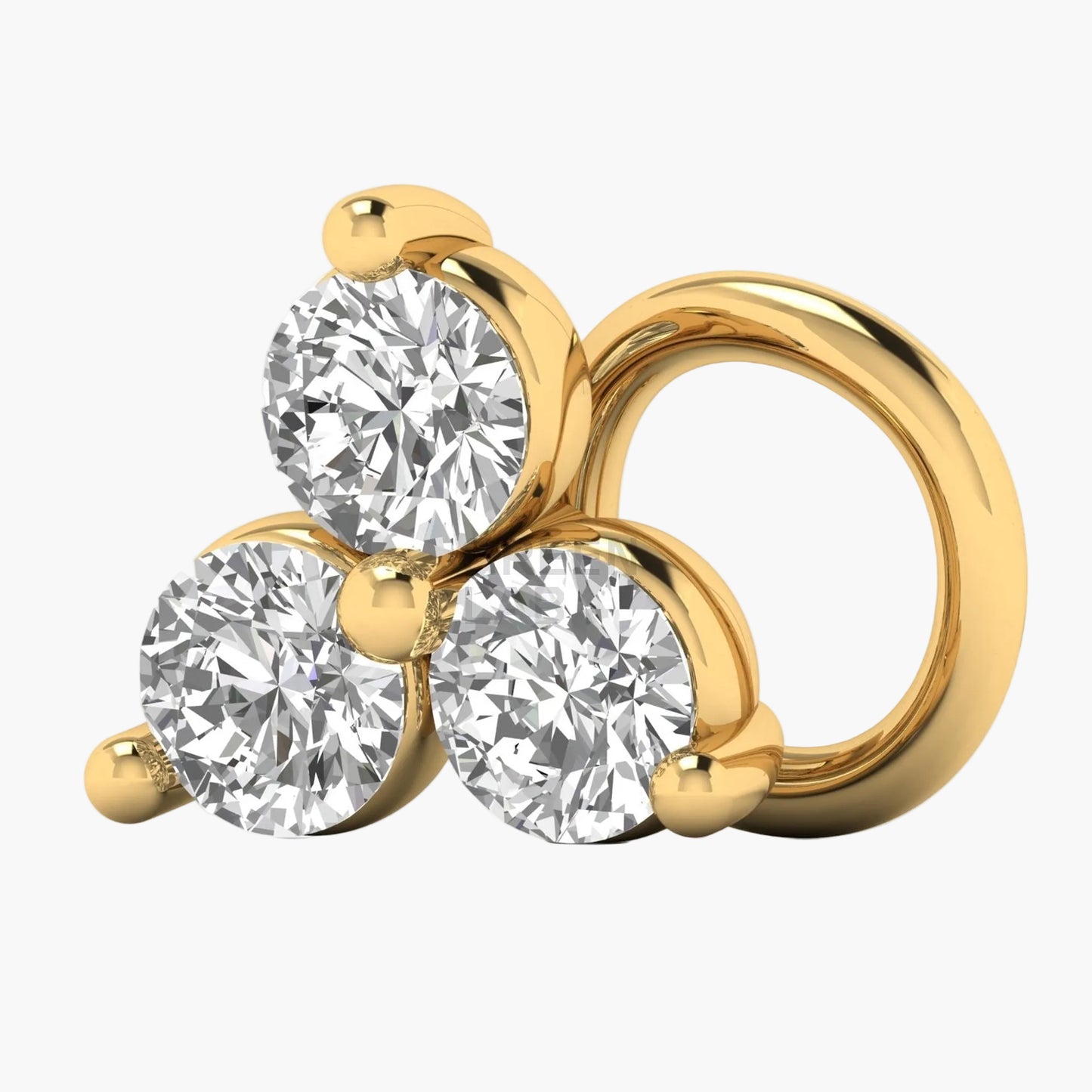 Gold earring with three diamonds on a white background