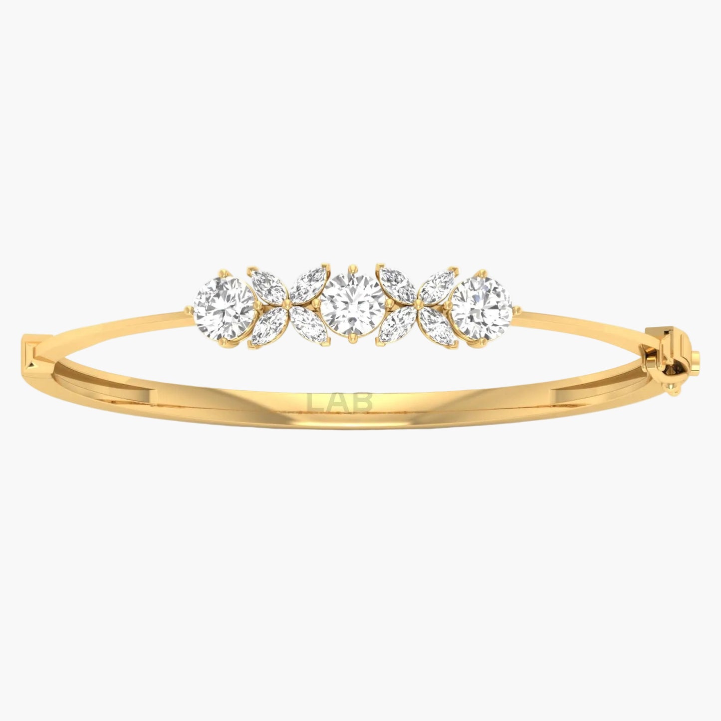 Gold bracelet with clear gemstones on a white background