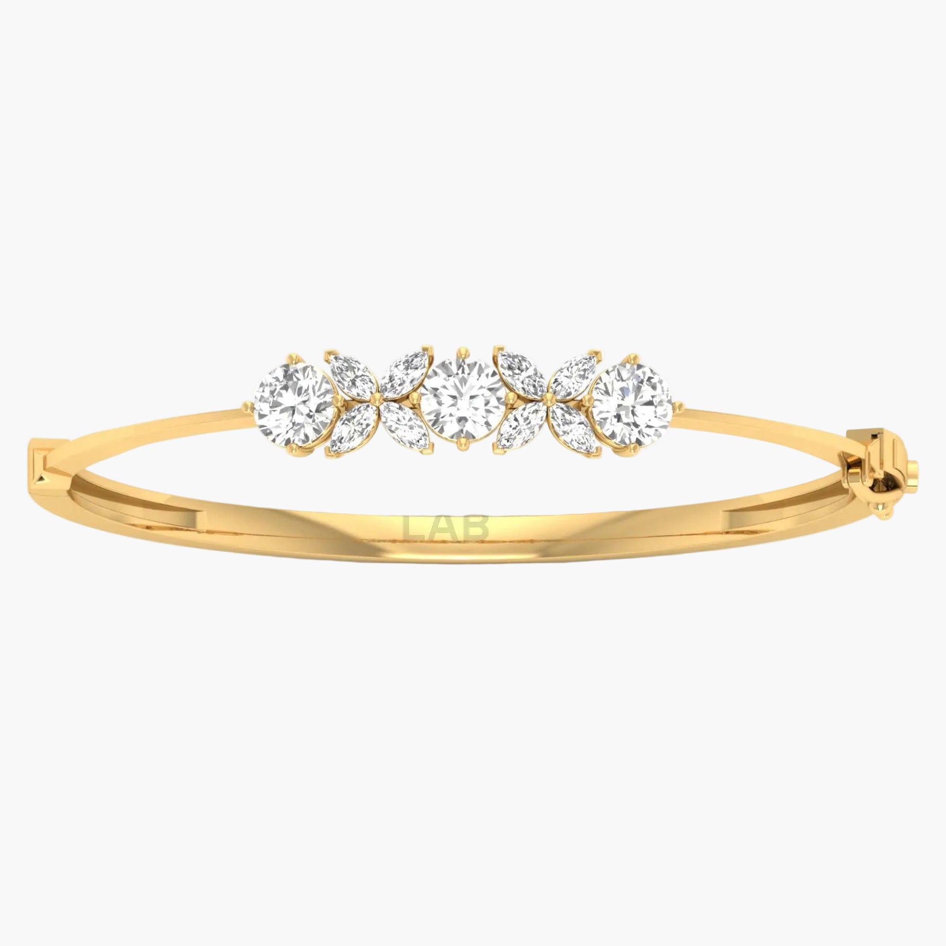 Gold bracelet with clear gemstones on a white background