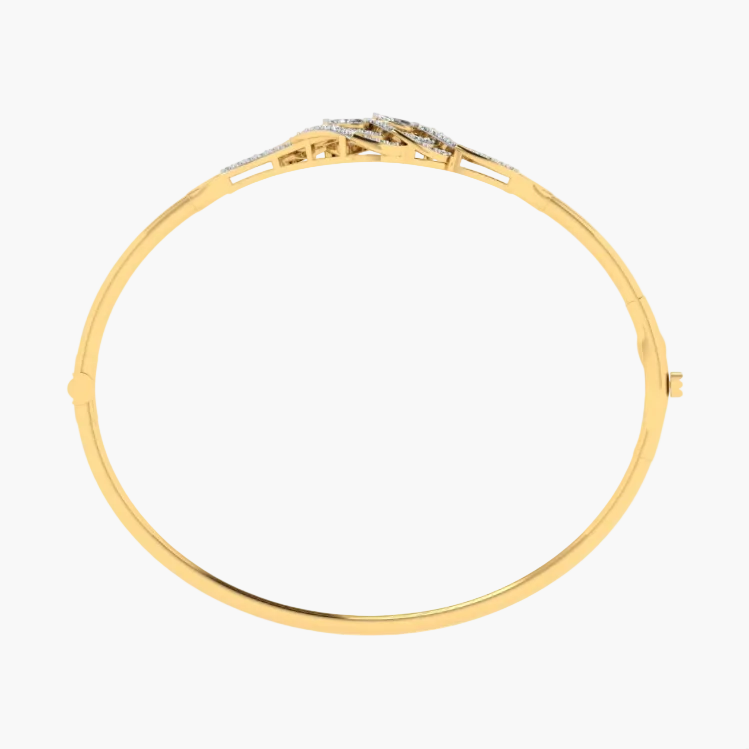 A gold bangle bracelet with a decorative floral or vine motif set with small clear stones, shown from the back on a white background with a faint GREEN LAB watermark.
