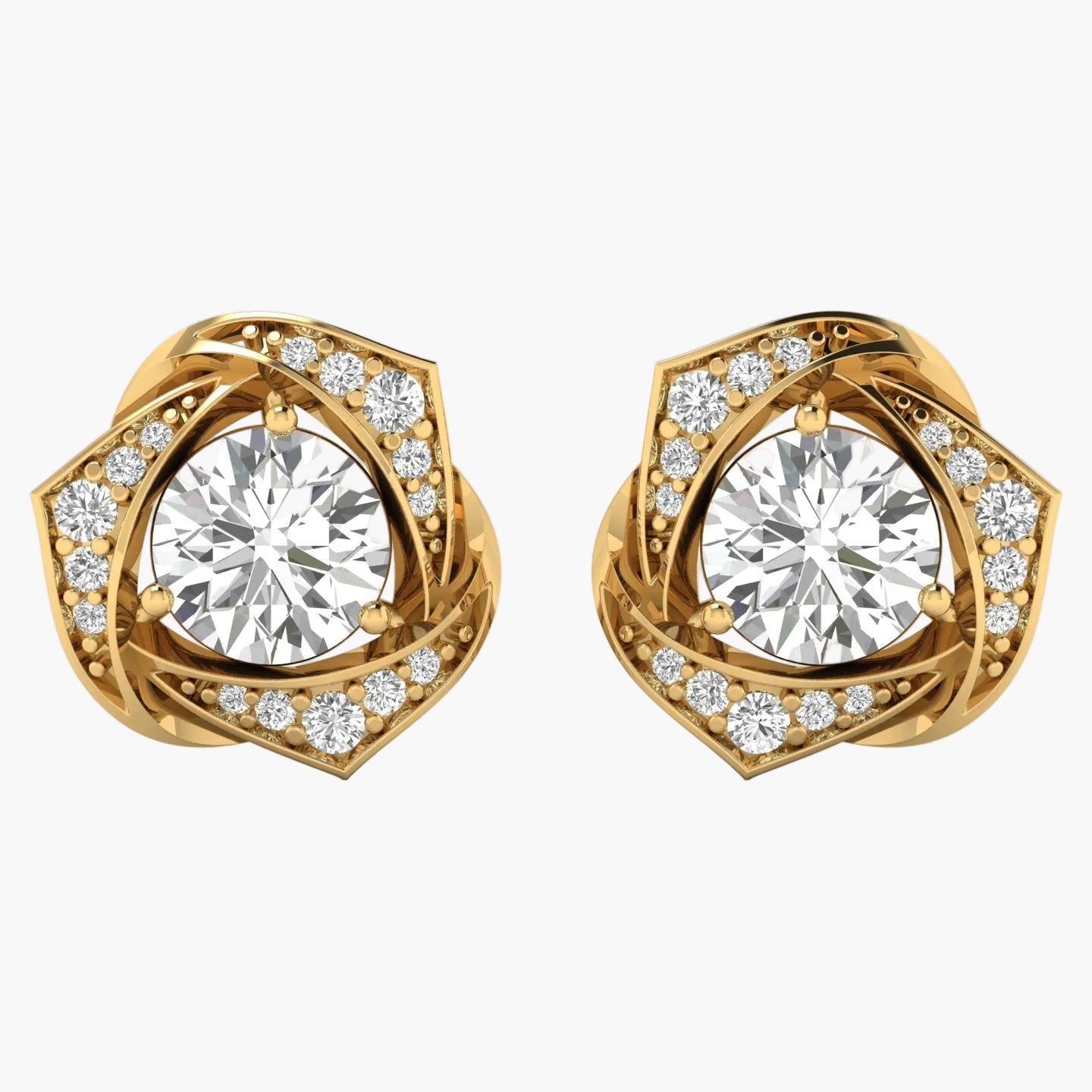 Gold earrings with large central gemstones and smaller diamonds on a white background