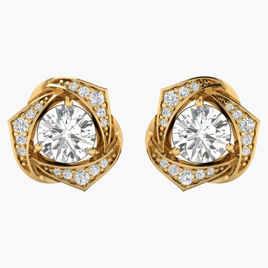 Gold earrings with large central gemstones and smaller diamonds on a white background