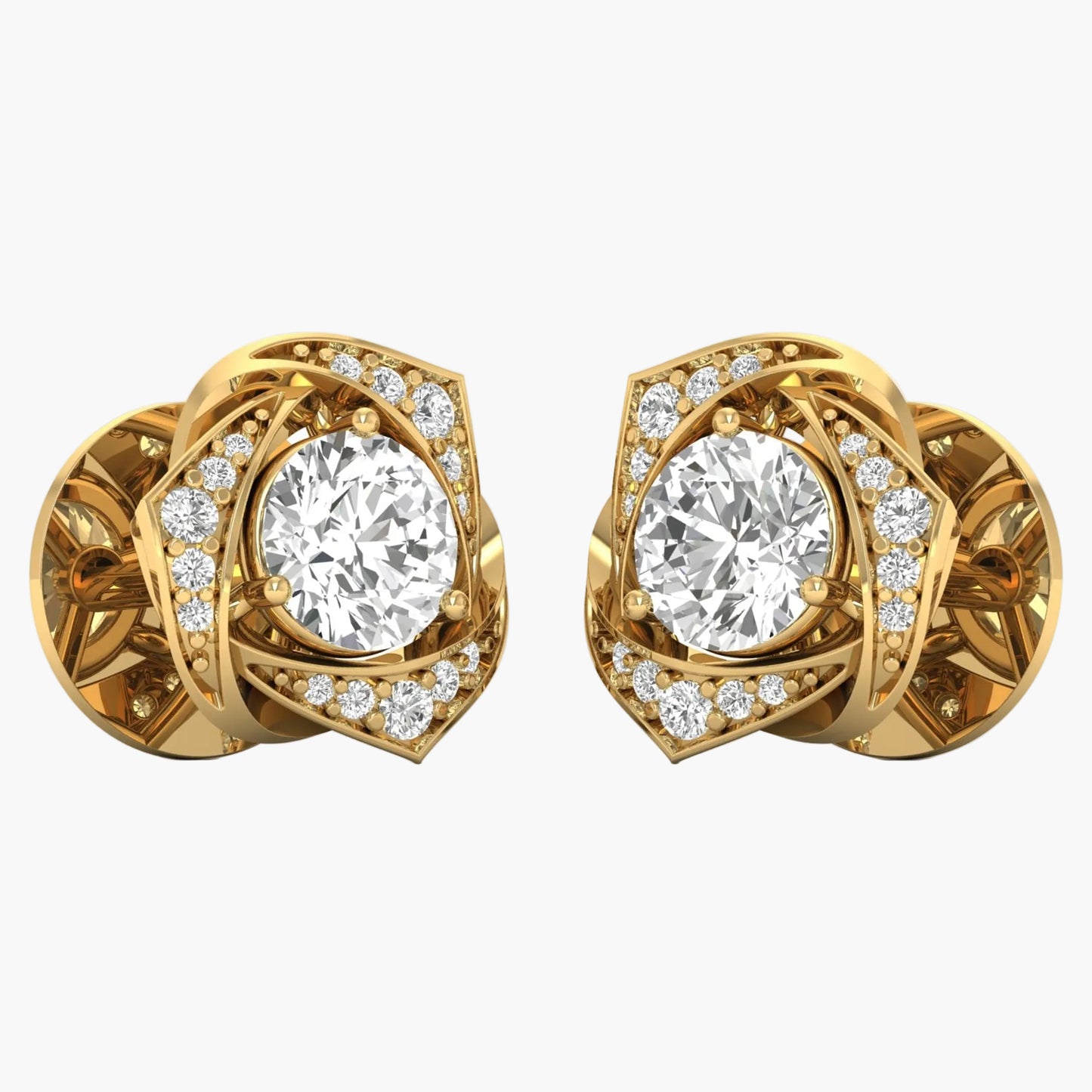 Pair of gold earrings with large central gemstones and smaller diamonds on a white background