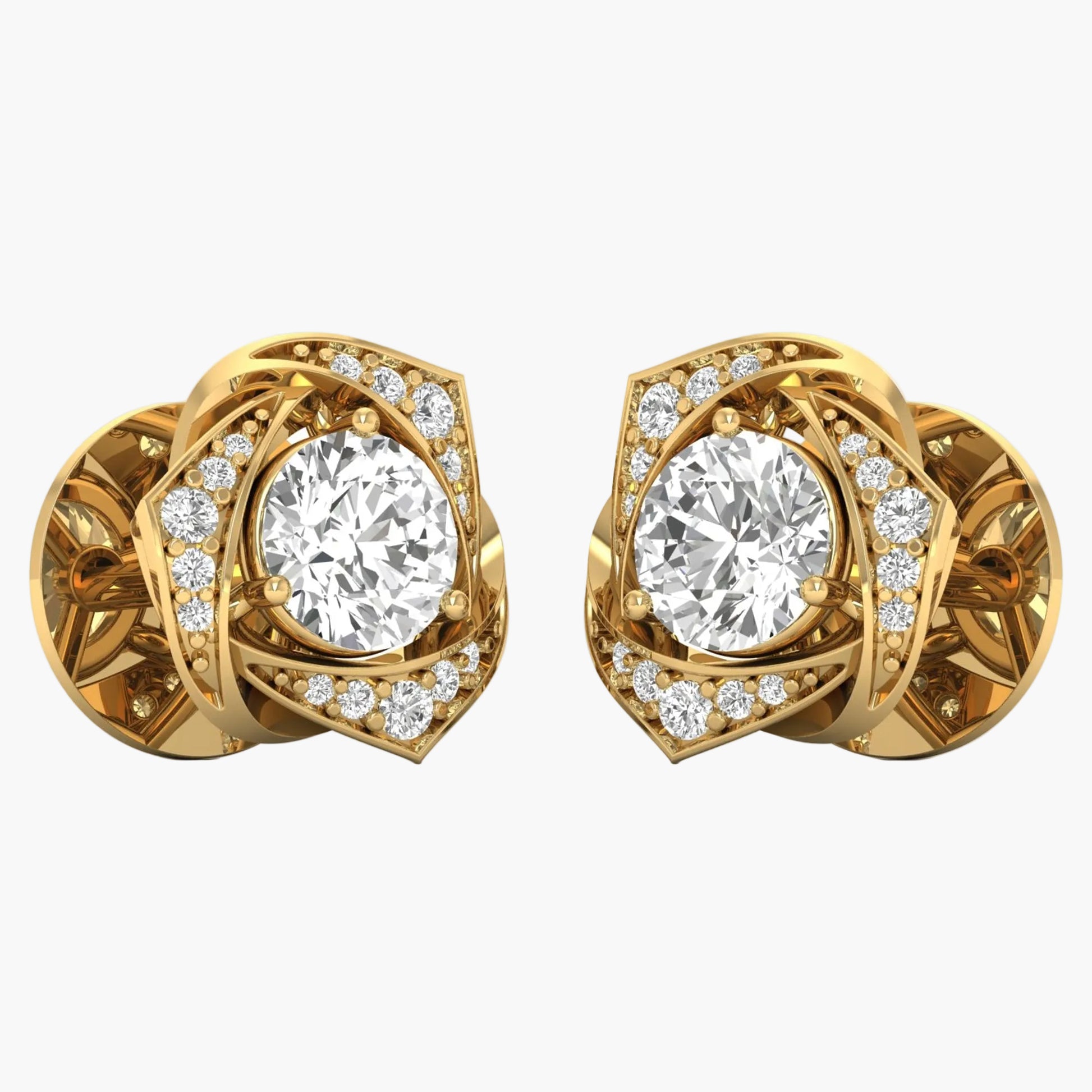 Pair of gold earrings with large central gemstones and smaller diamonds on a white background