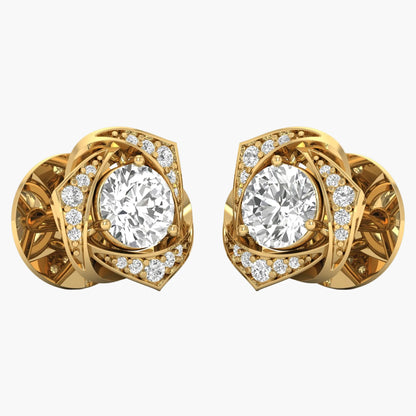 Pair of gold earrings with large central gemstones and smaller diamonds on a white background
