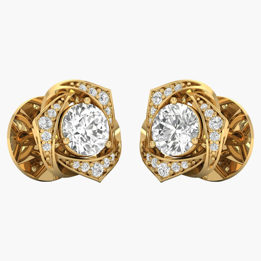 Pair of gold earrings with large central gemstones and smaller diamonds on a white background