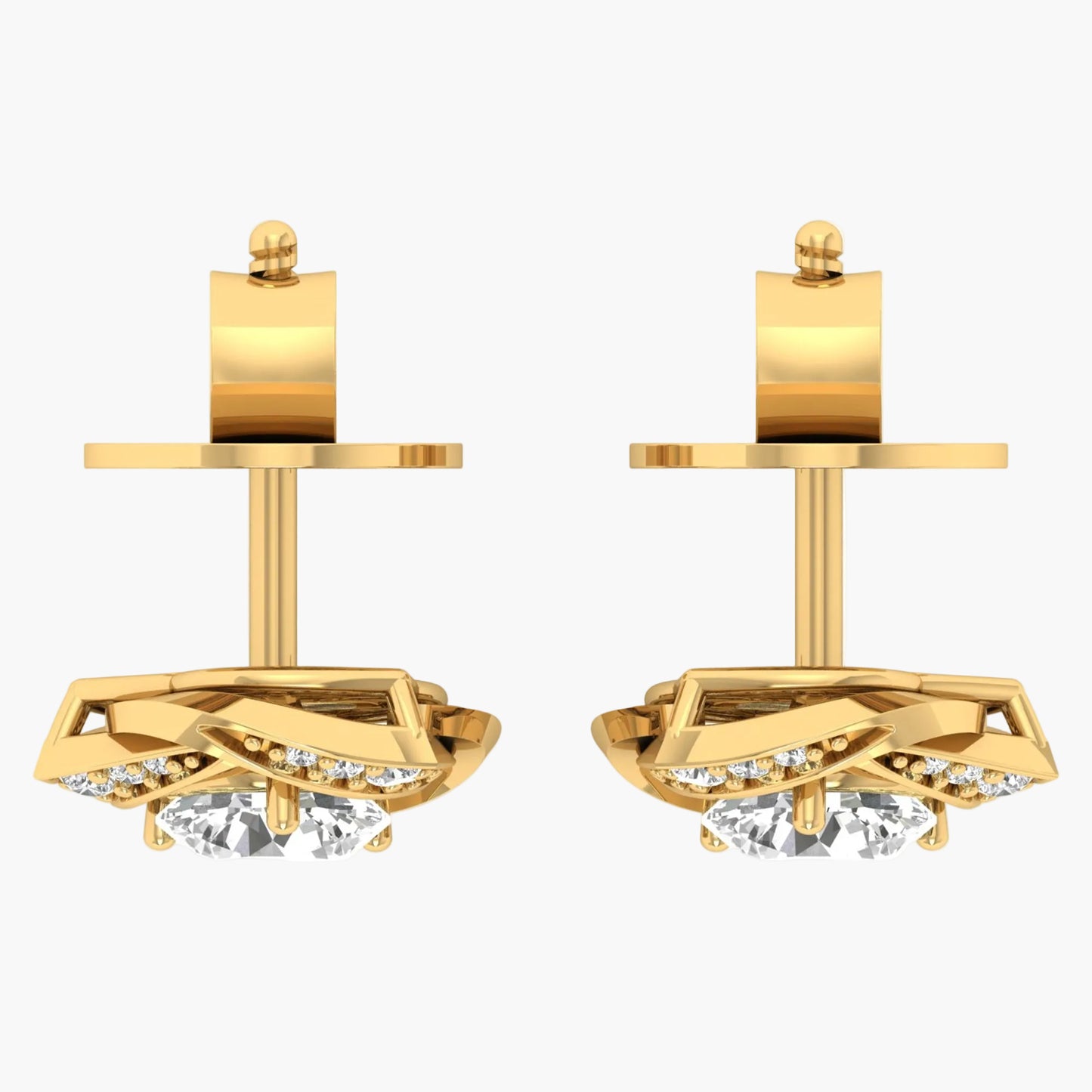 Gold earrings with clear gemstones on a white background