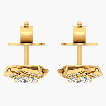 Gold earrings with clear gemstones on a white background