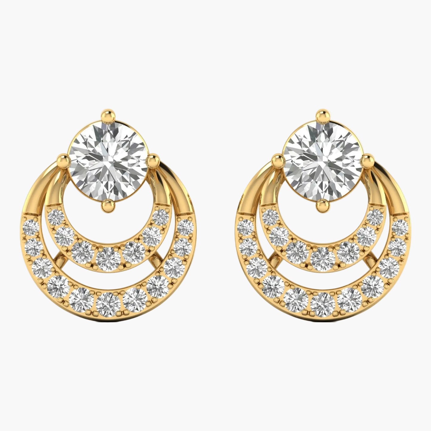Gold earrings with clear gemstones on a white background