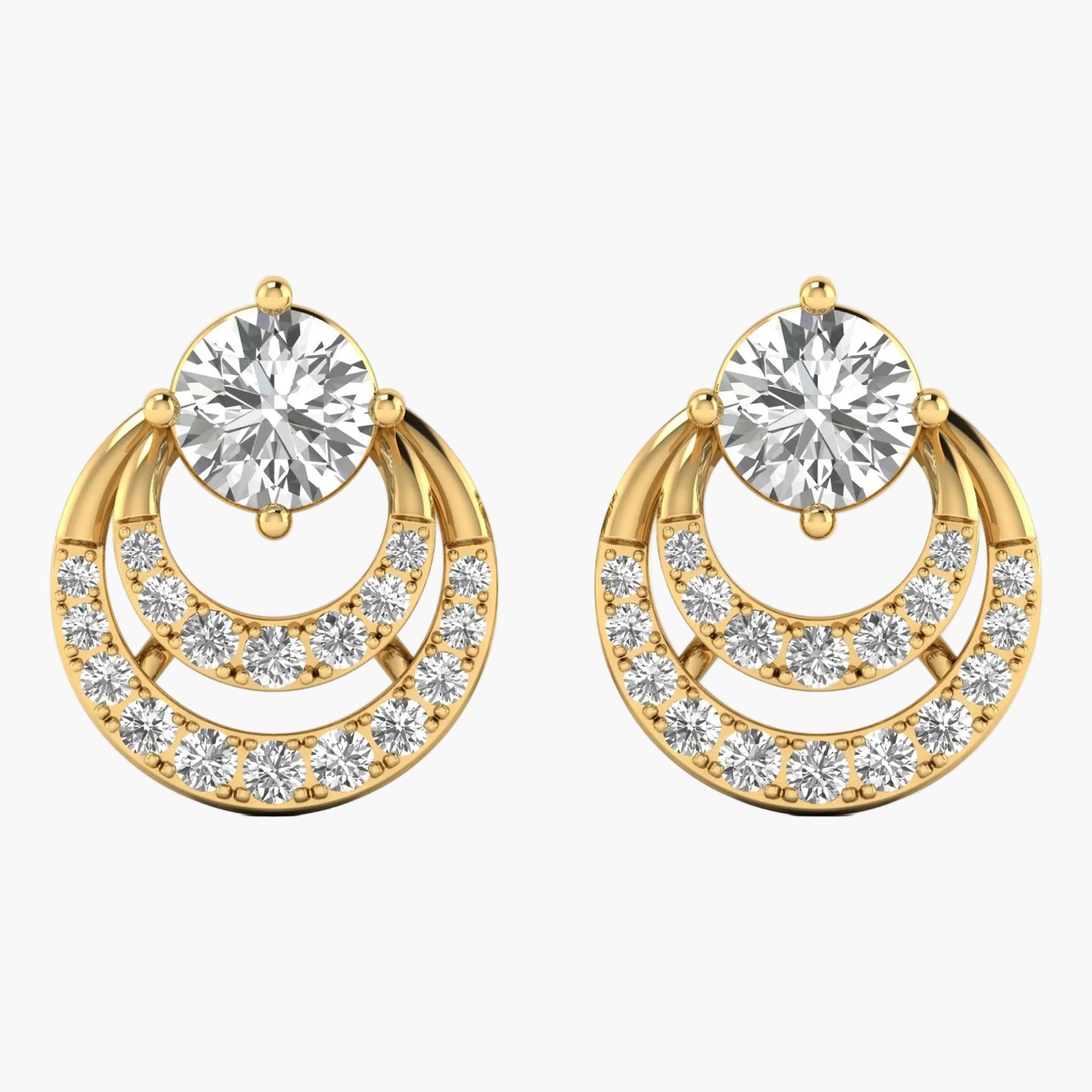 Gold earrings with clear gemstones on a white background