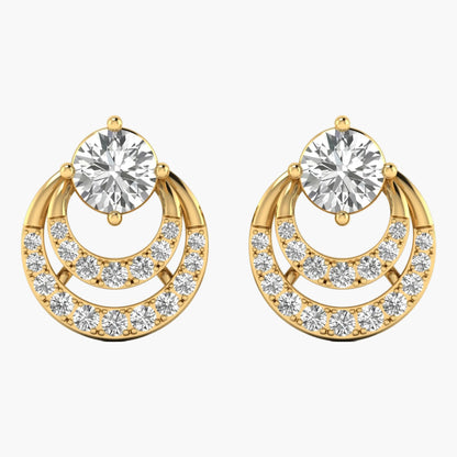 Gold earrings with clear gemstones on a white background