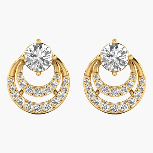 Gold earrings with clear gemstones on a white background
