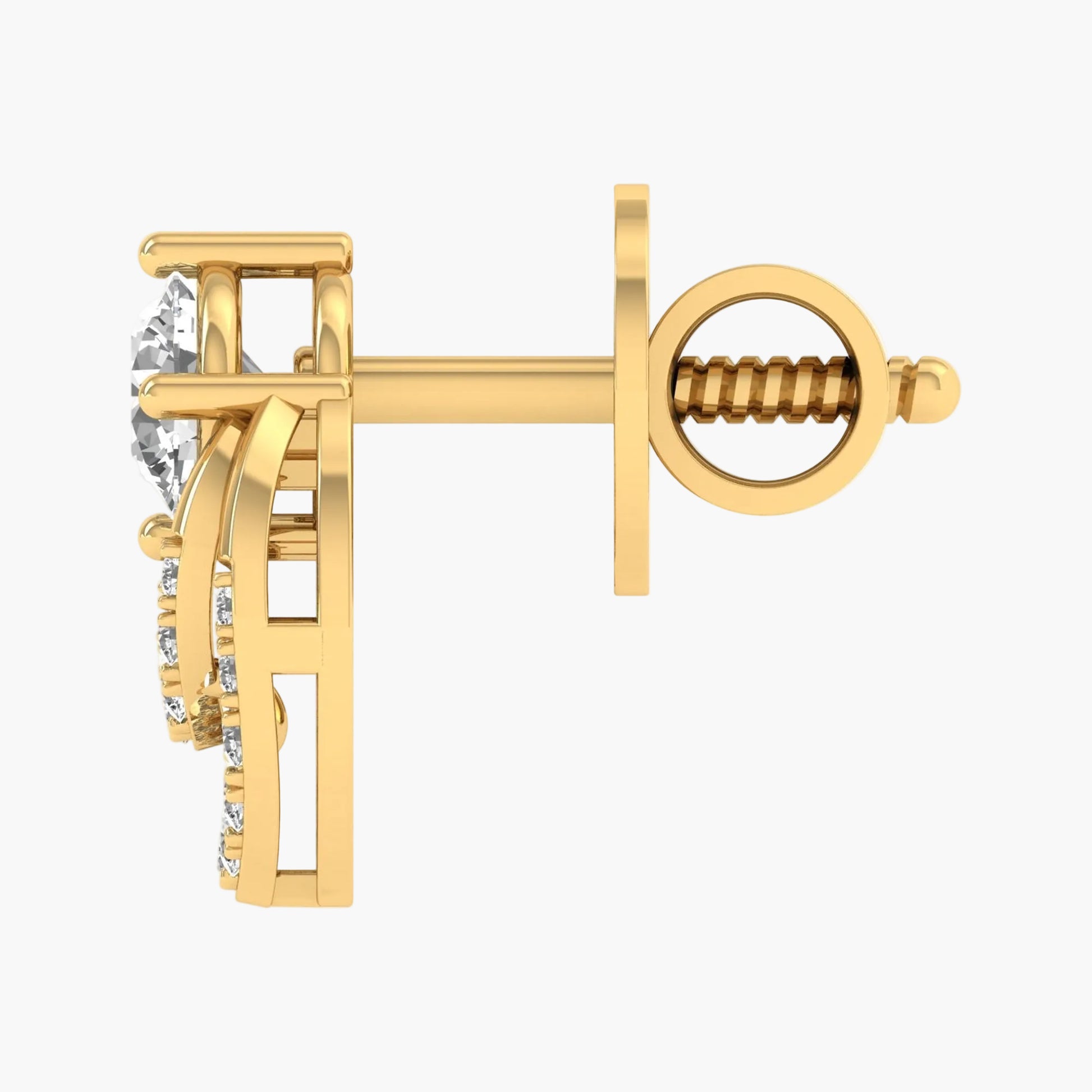 Gold earring with diamond accents on a white background