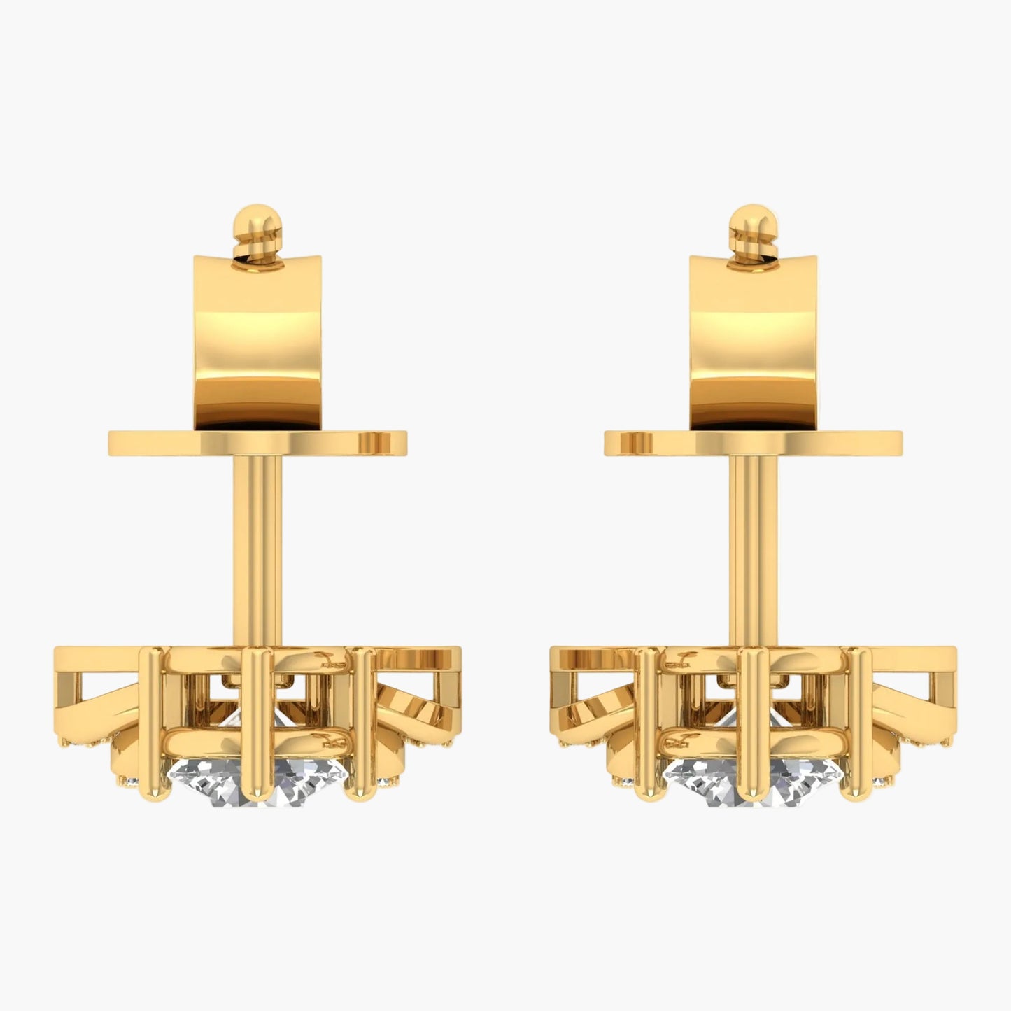 Gold earrings with a geometric design on a white background