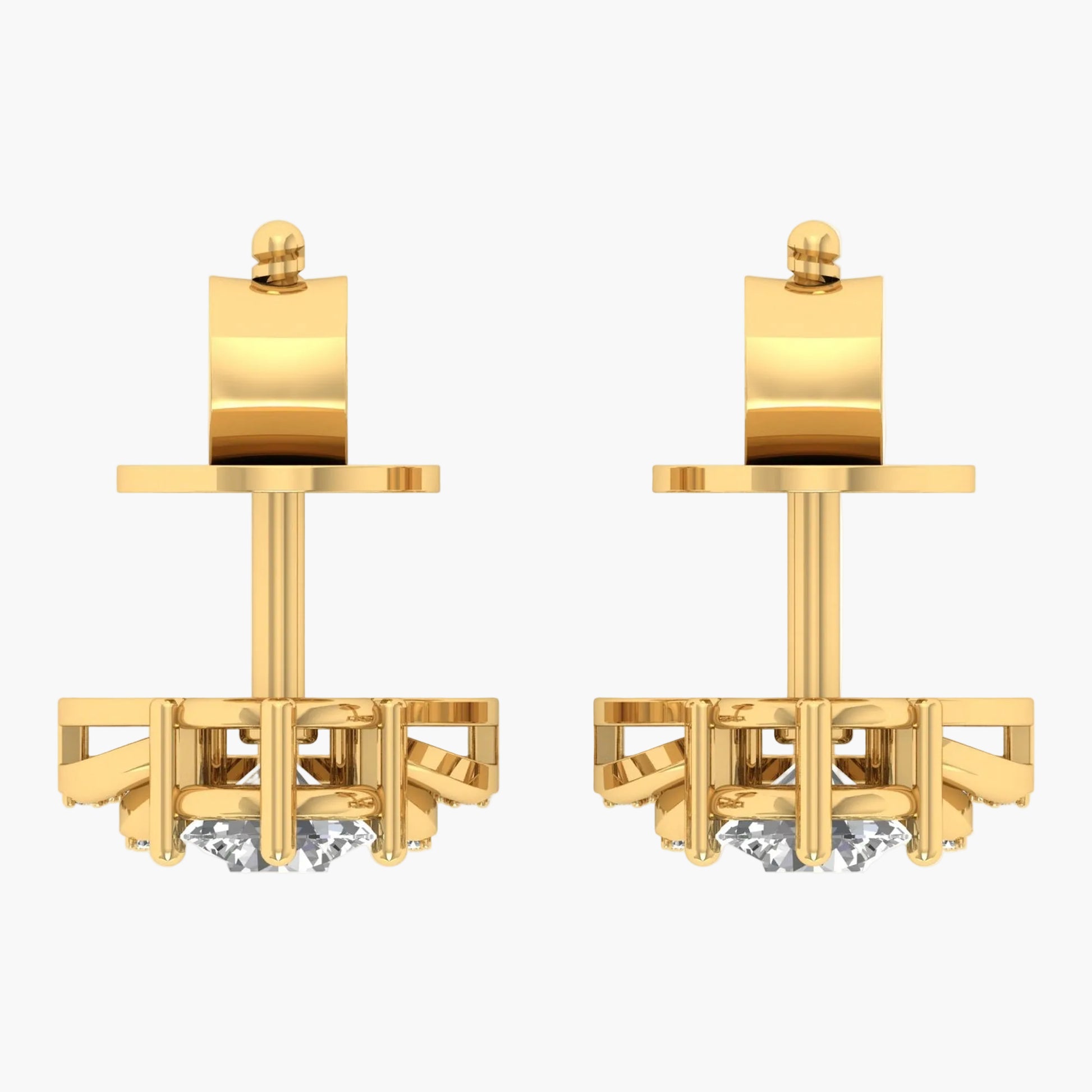 Gold earrings with a geometric design on a white background