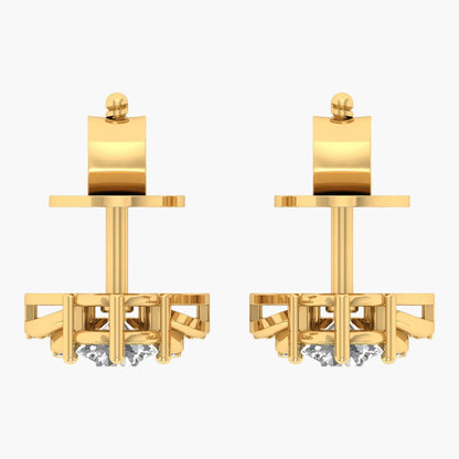 Gold earrings with a geometric design on a white background