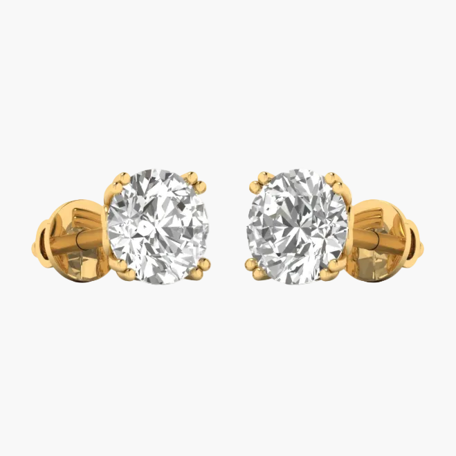 A pair of yellow gold stud earrings with oval-cut clear gemstones in a prong setting, shown against a plain white background with a faint watermark across the center.
