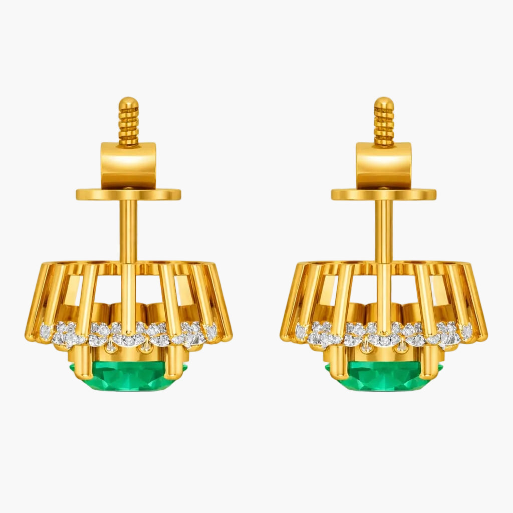 Gold earrings with green gemstones and diamond accents on a white background