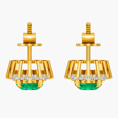 Gold earrings with green gemstones and diamond accents on a white background