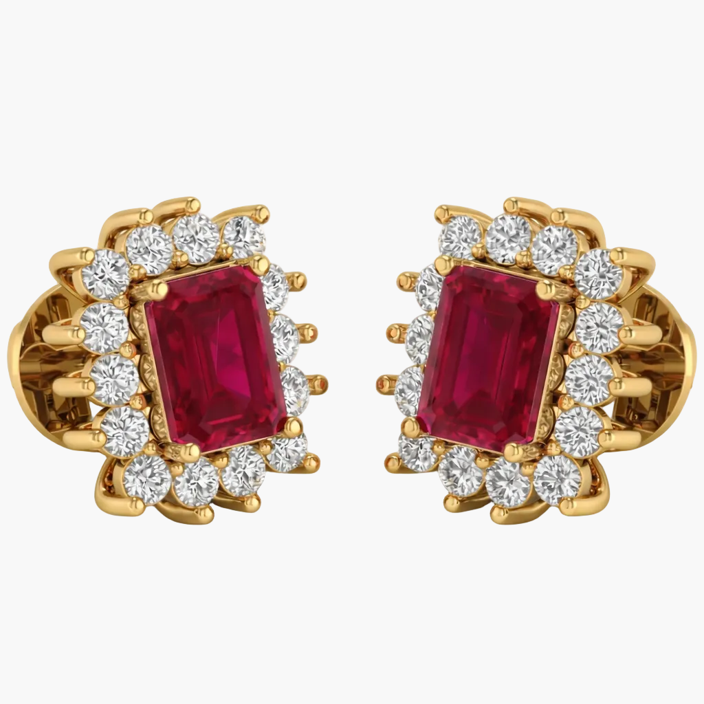 Pair of gold earrings with red gemstones and diamond accents on a white background