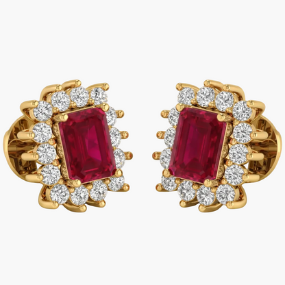 Pair of gold earrings with red gemstones and diamond accents on a white background