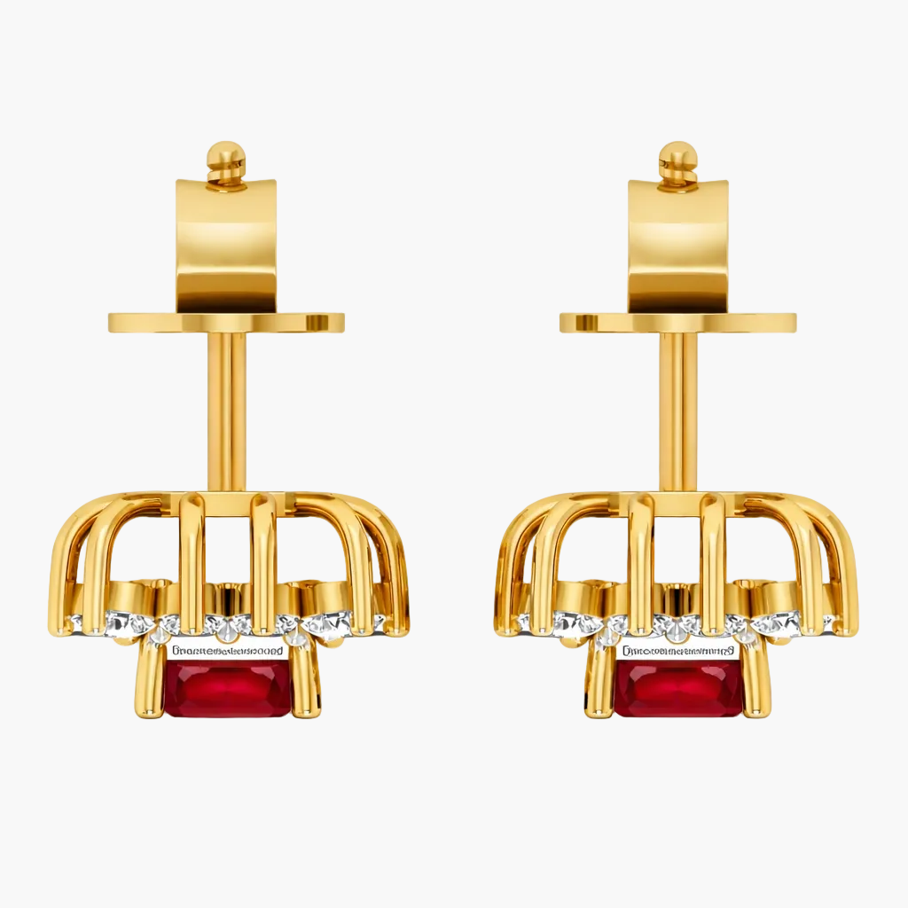 Gold earrings with red gemstones and clear stones on a white background