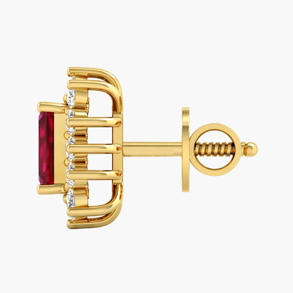 Gold earring with a red gemstone and clear stones on a white background