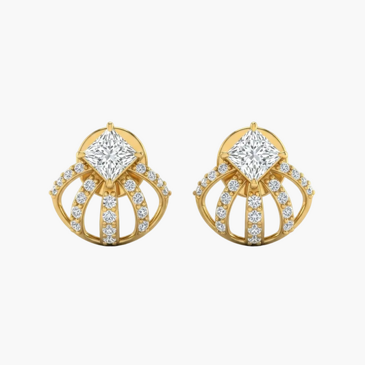 A pair of gold stud earrings featuring a central princess-cut diamond surrounded by smaller round diamonds, set in a fan-like curved gold design on a white background.