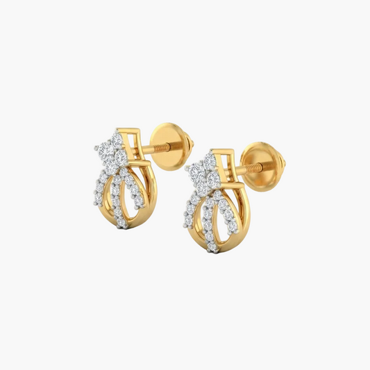 A pair of gold huggie hoop earrings with a bow design, embellished with small clear cubic zirconia stones, shown on a clean white background.