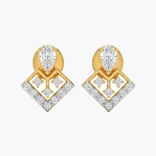 A pair of yellow gold statement earrings featuring marquise-cut and round diamonds, set in a geometric diamond-shaped design with pavé diamond accents, shown on a clean white background.