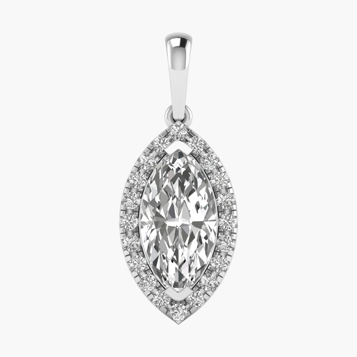 Diamond pendant with a marquise-shaped center stone on a white background