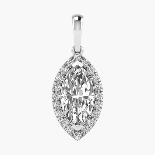 Diamond pendant with a marquise-shaped center stone on a white background