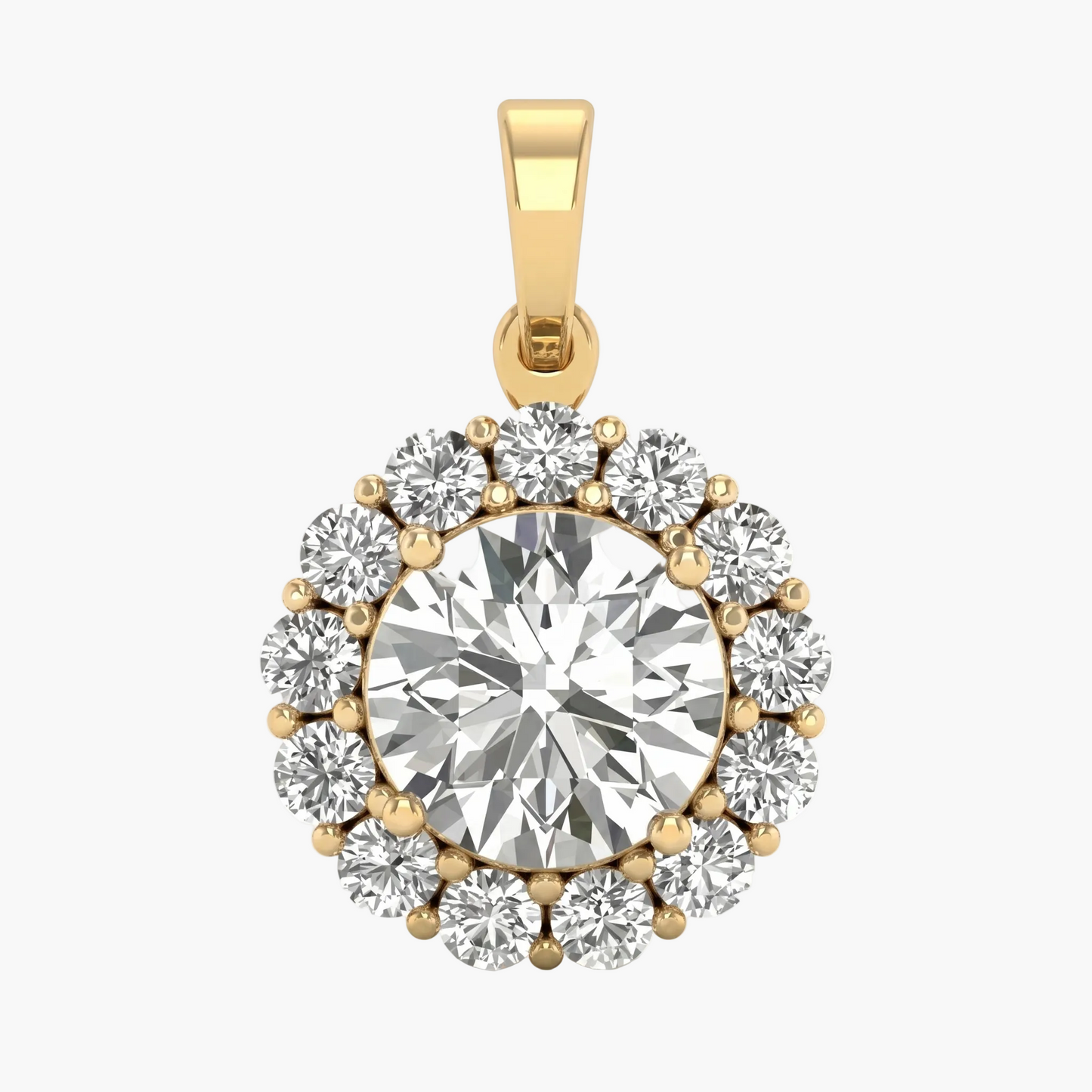 Gold pendant with a large central gemstone and smaller stones around it on a white background