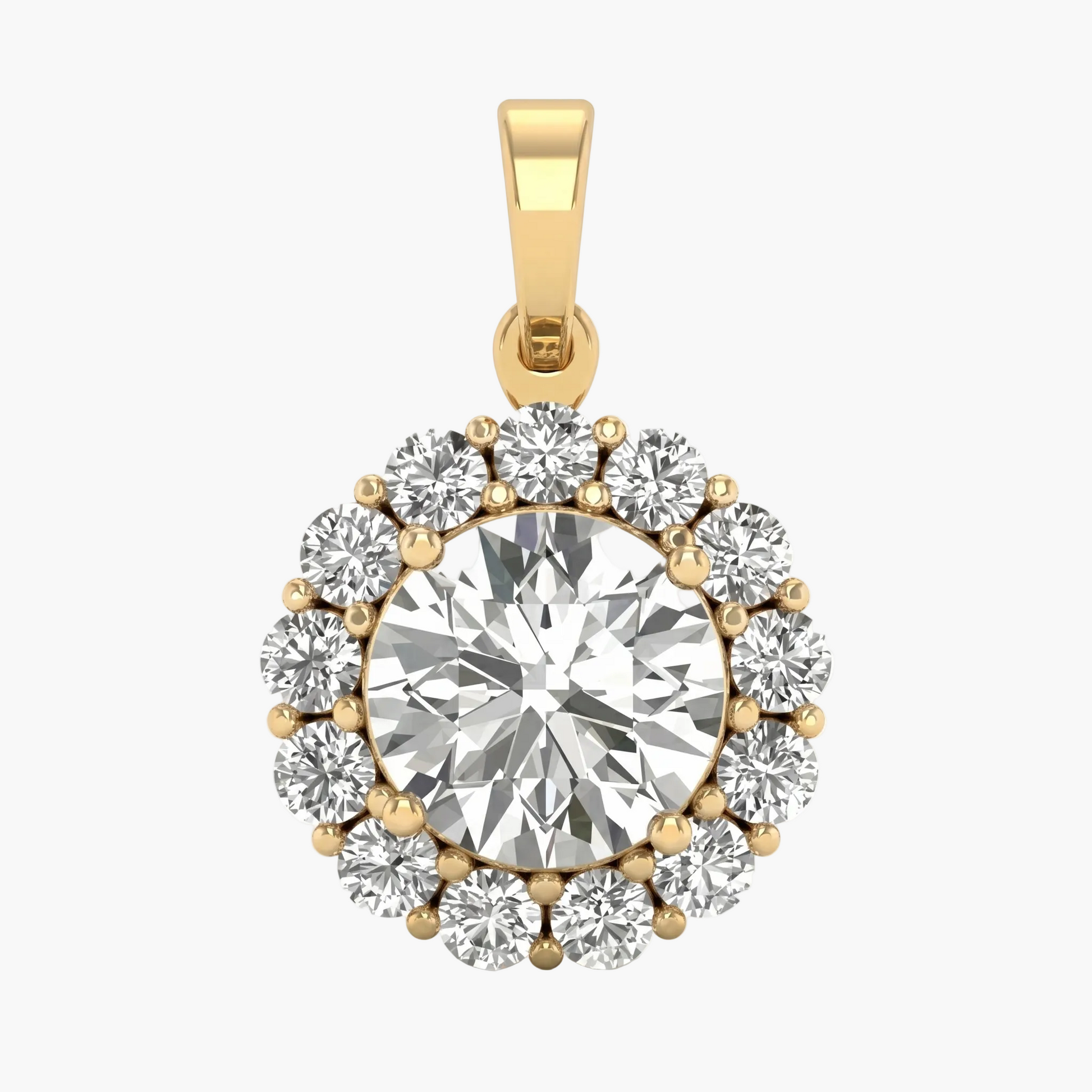 Gold pendant with a large central gemstone and smaller stones around it on a white background