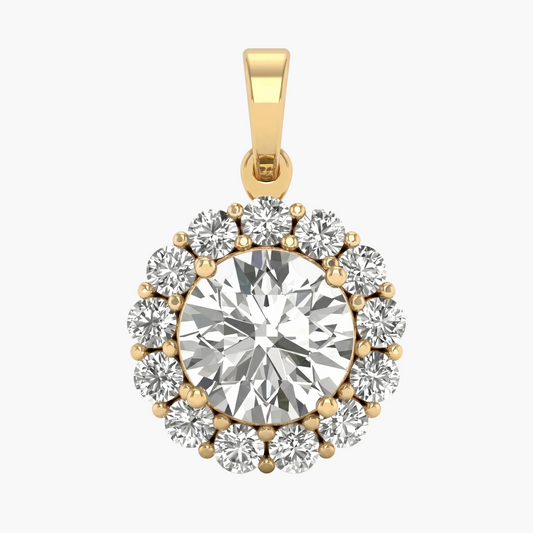Gold pendant with a large central gemstone and smaller stones around it on a white background